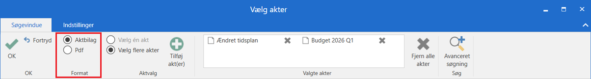 Figur 8, som viser menugruppen Format med radioknapperne Aktbilag og PDF på båndet i vinduet Vælg akter.