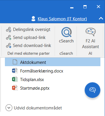 Figur 3, som viser dokumentområdet med forskellige programsymboler ved Word-, Excel- og PowerPoint-filer.