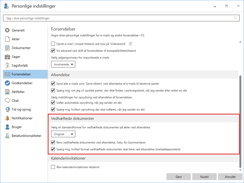 settings attached documents