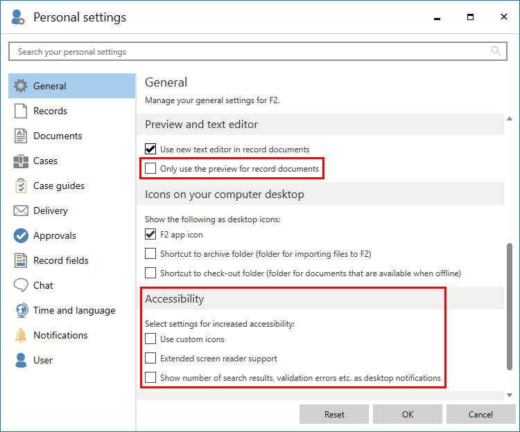 personal settings dialogue
