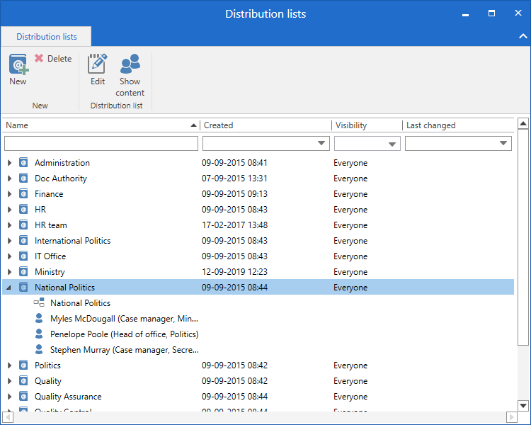 distribution lists window