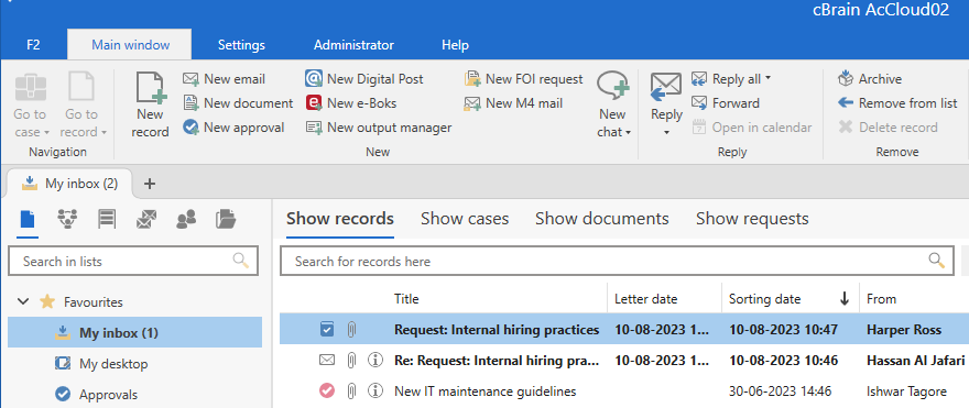 inbox executed request answer record