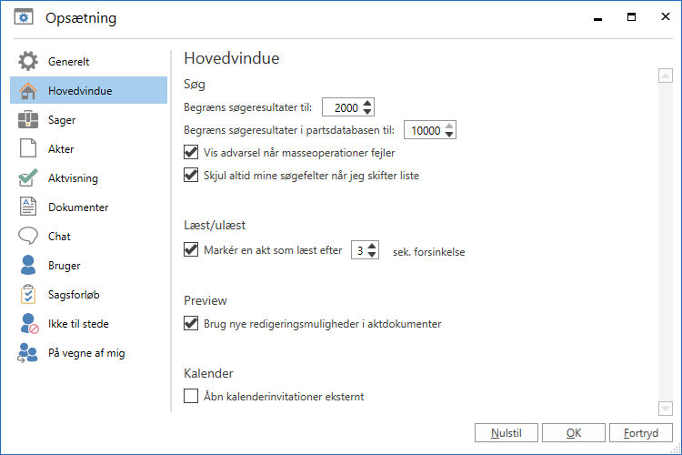 main window options