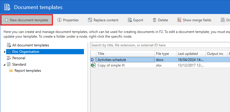 create document template menu item