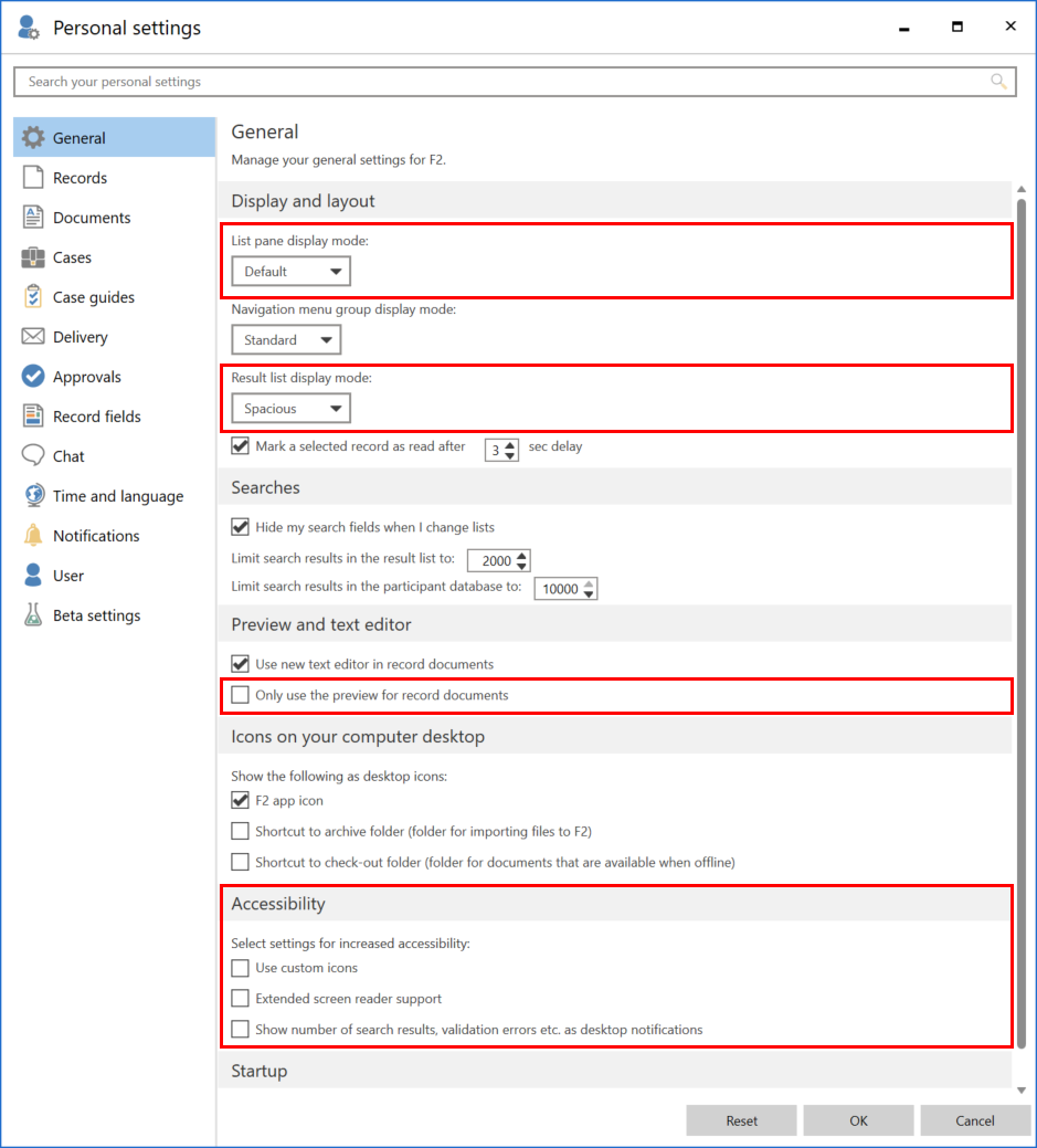 personal settings dialogue
