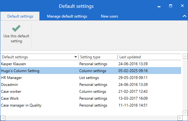 default settings dialogue