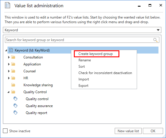 keyword group create menu