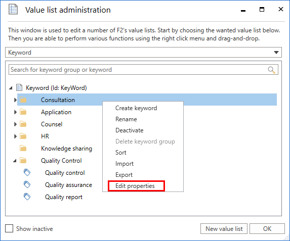 keyword group edit menu
