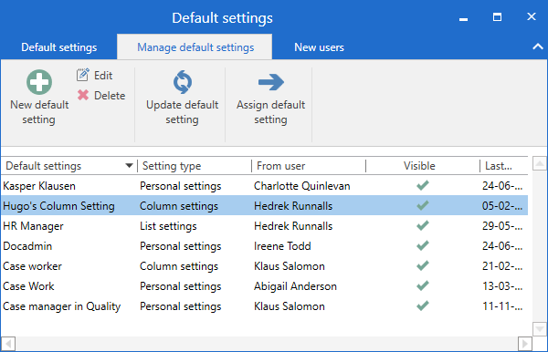 manage default settings dialogue