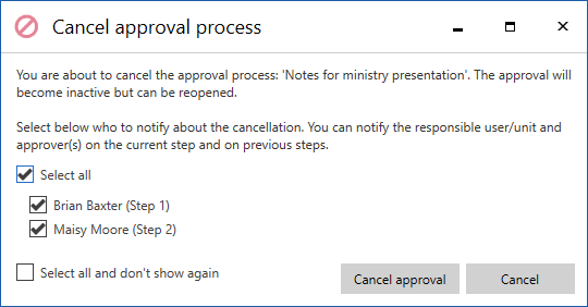 notify approvers cancel