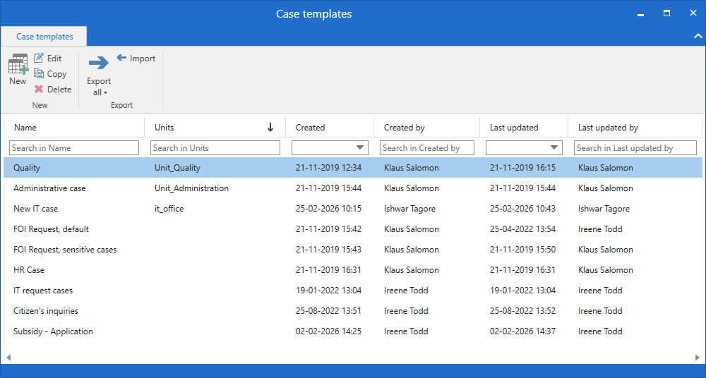 case template window