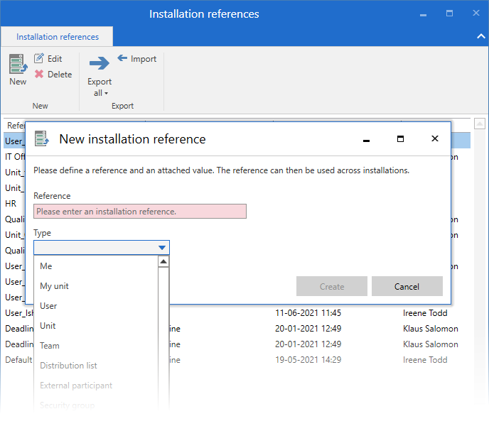 installation reference dropdown