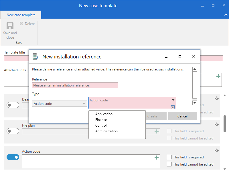 new installation reference dialogue