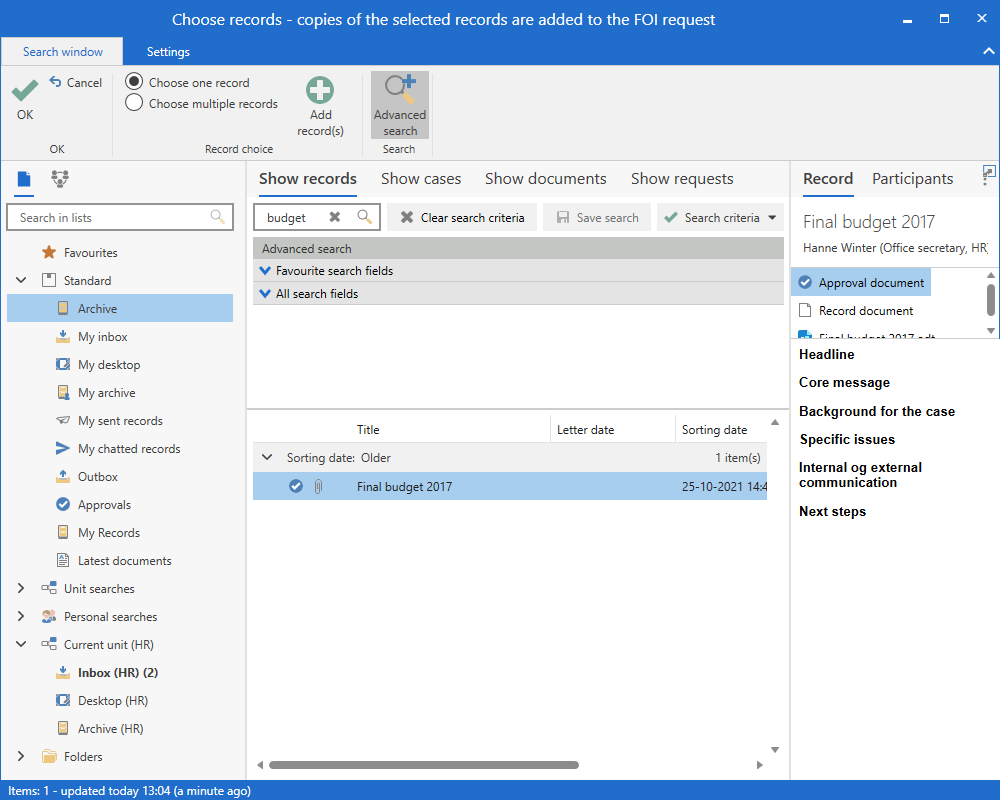 choose records search dialogue