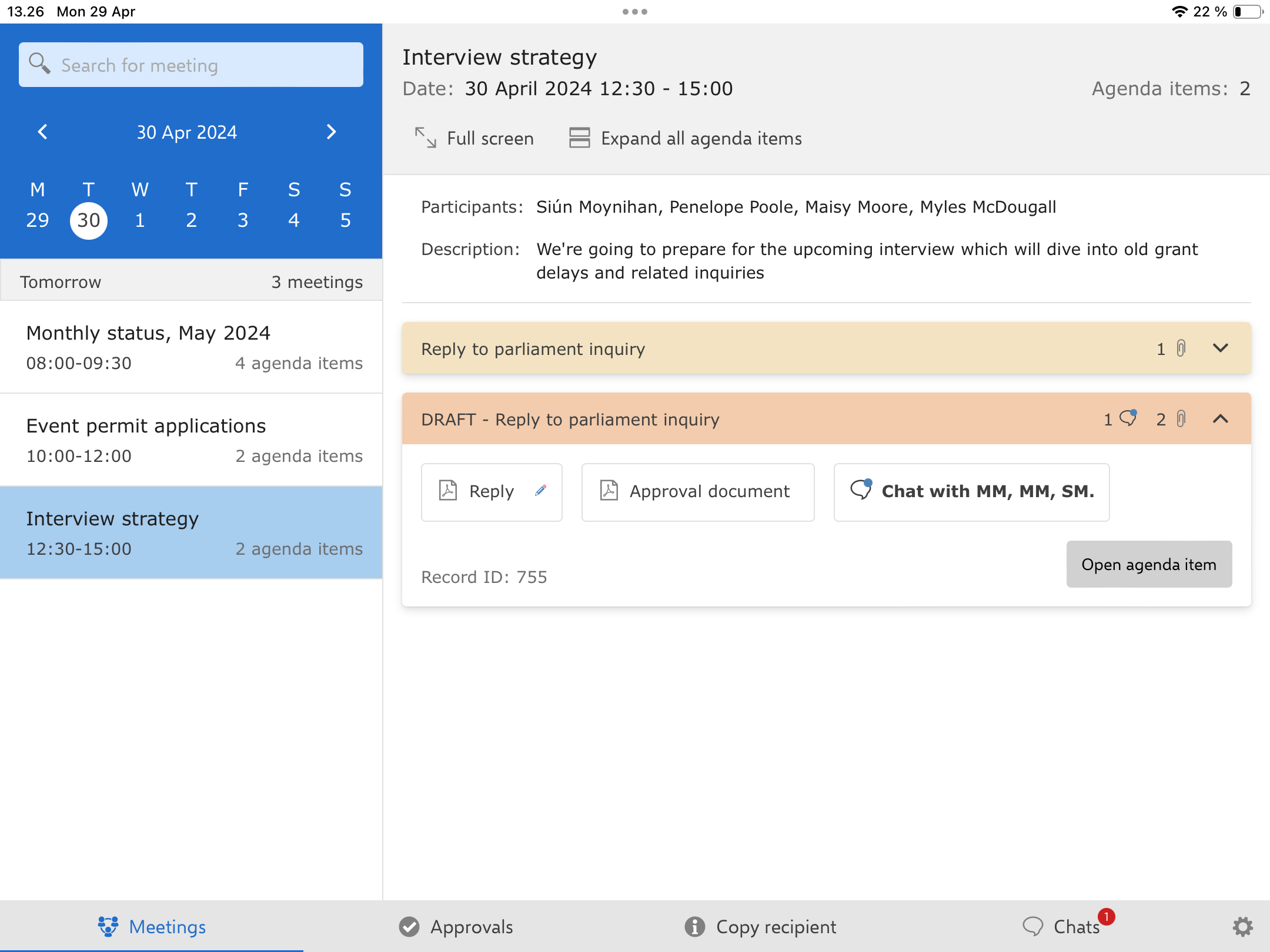 meetings chat agenda