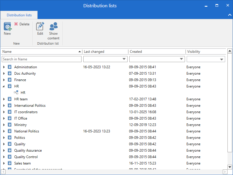 distribution lists window