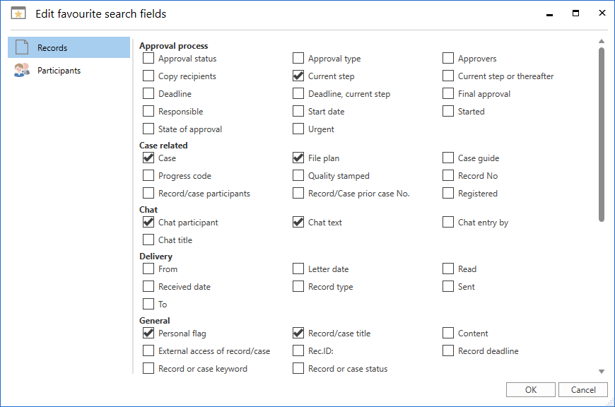 favourite search fields dialogue