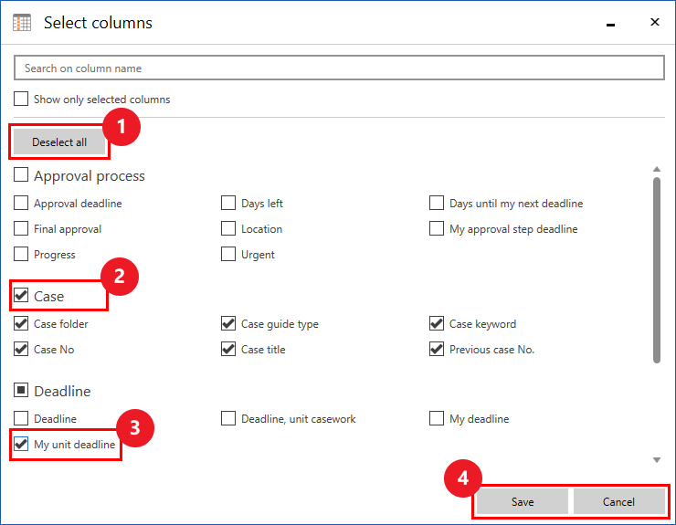select columns dialogue