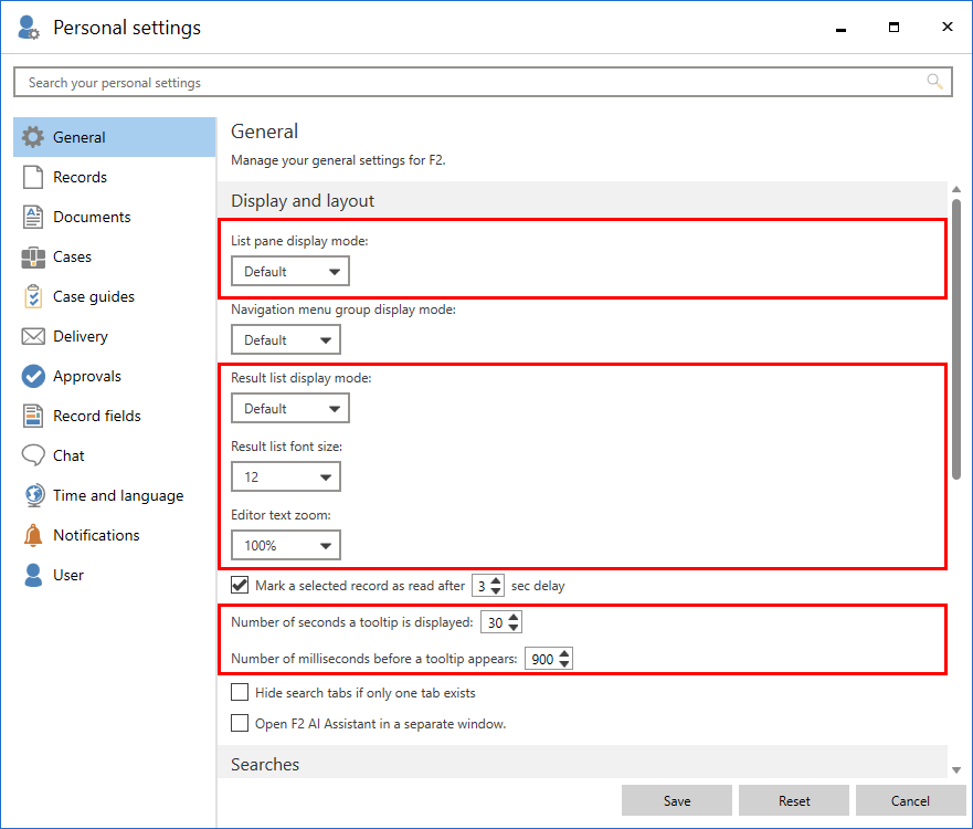 personal settings dialogue