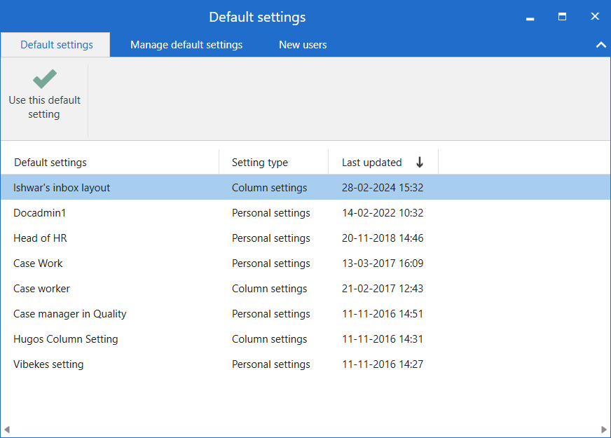 default settings dialogue