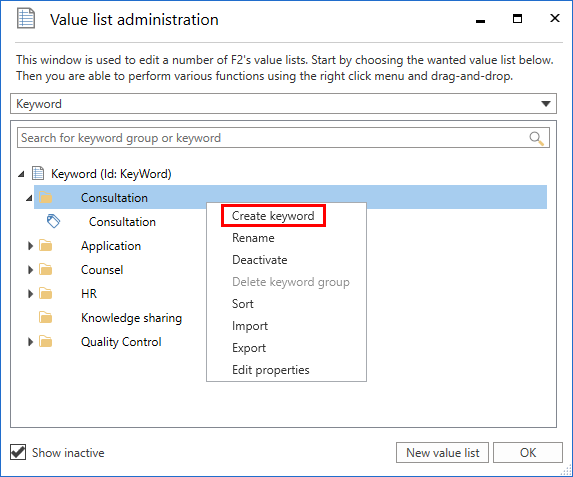 keyword create menu