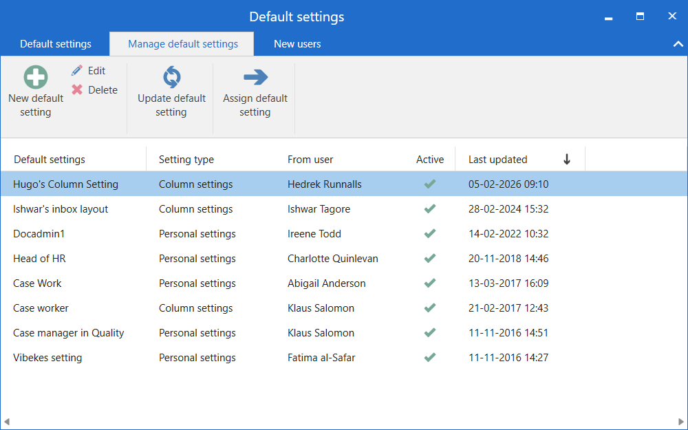manage default settings dialogue