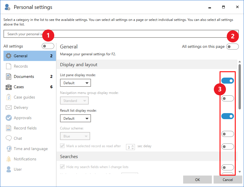 personal settings dialogue