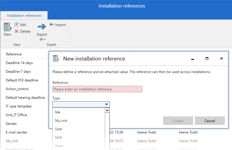 installation reference dropdown