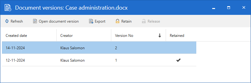 document versions dialogue