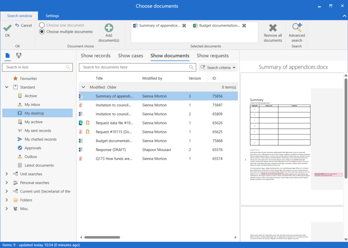 window choose documents