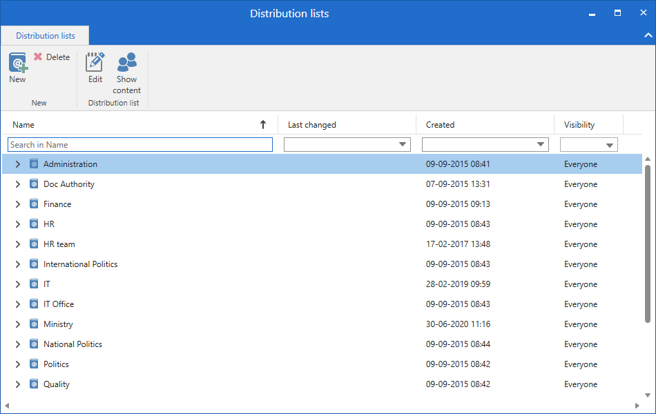 distribution lists window