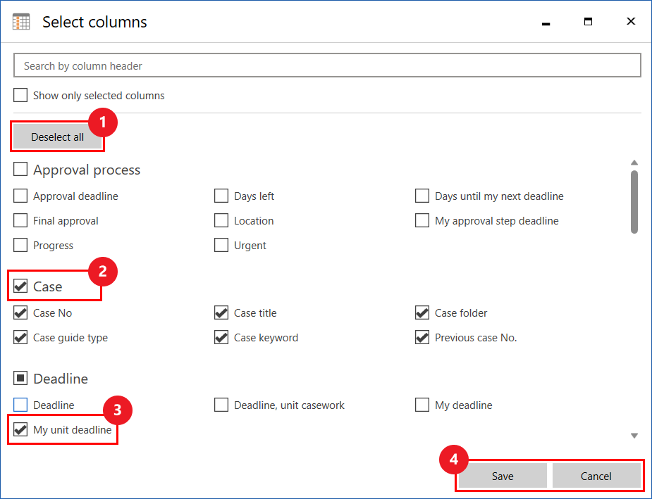 select columns dialogue